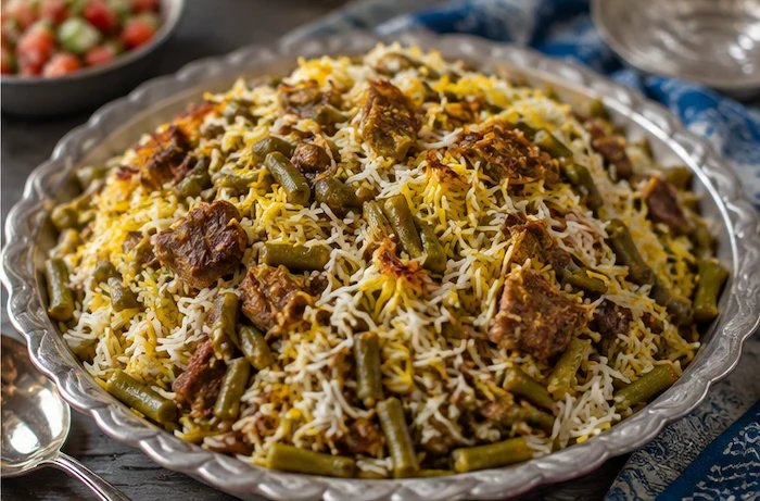 لوبیا پلو با گوشت تکه‌ای