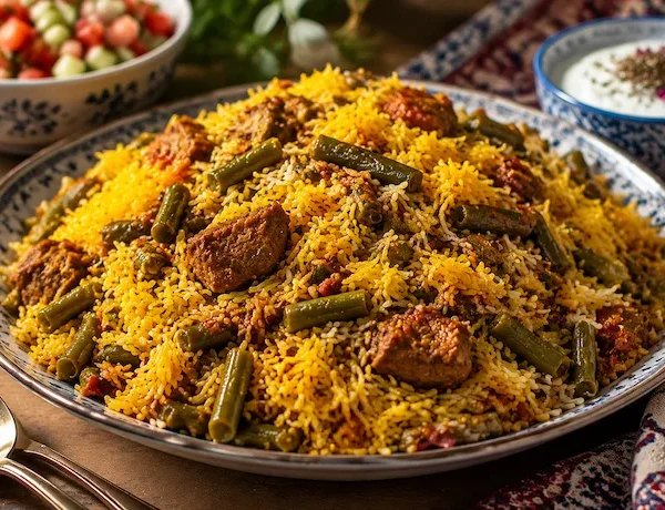 لوبیا پلو با گوشت تکه‌ای