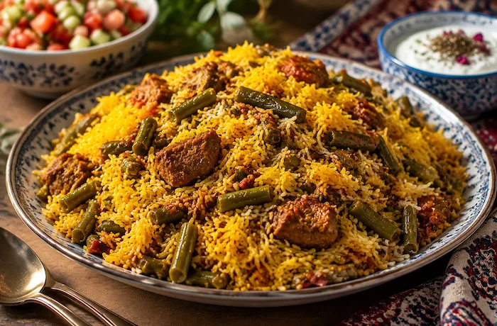لوبیا پلو با گوشت تکه‌ای